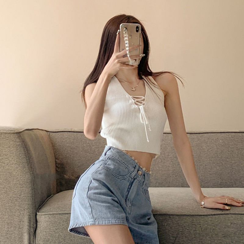 Kratke hlače Ženske traper plave visokog struka Ljetne ležerne donjice s gumbima Opuštene široke nogavice Čipka Ulična odjeća A-kroja Korejski šik