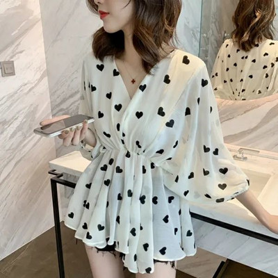 Bluze Ženske V-izrez Print Elegantne prozračne High Street korejske stilske definirane nabore u struku Košulje dugih rukava Ženske Novi dolazak