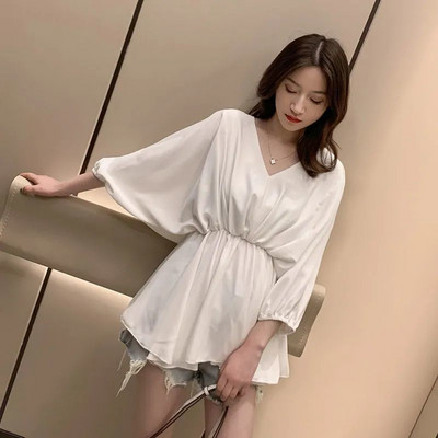 Bluze Ženske V-izrez Print Elegantne prozračne High Street korejske stilske definirane nabore u struku Košulje dugih rukava Ženske Novi dolazak