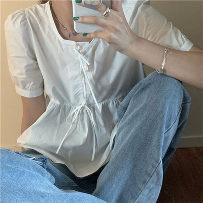 Puff varrukatega pluusid Naiste Kärbitud Preppy Style Pehme Armas Prantsuse Stiilis Tüdrukute Puhkus Mujer Romantiline Блузки Populaarne suvi