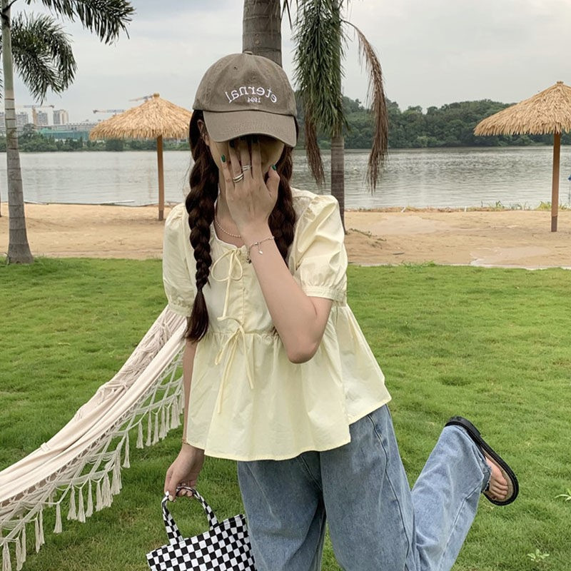 Puff varrukatega pluusid Naiste Kärbitud Preppy Style Pehme Armas Prantsuse Stiilis Tüdrukute Puhkus Mujer Romantiline Блузки Populaarne suvi