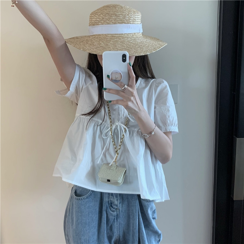 Puff varrukatega pluusid Naiste Kärbitud Preppy Style Pehme Armas Prantsuse Stiilis Tüdrukute Puhkus Mujer Romantiline Блузки Populaarne suvi