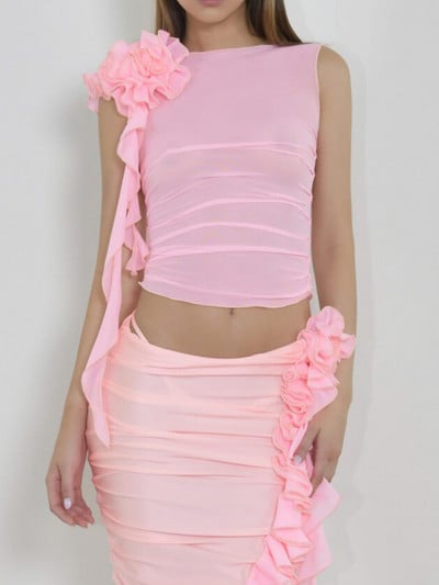 Ženske jednobojne majice bez rukava, seksi mrežaste, prozirne 3D cvjetne volane, prsluci bez rukava s okruglim izrezom, ljetne uske kratke majice Y2k