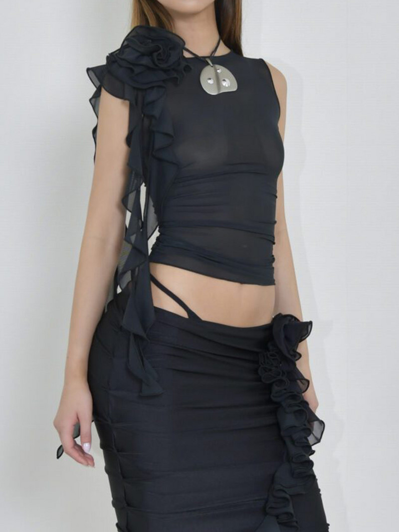 Ženske jednobojne majice bez rukava, seksi mrežaste, prozirne 3D cvjetne volane, prsluci bez rukava s okruglim izrezom, ljetne uske kratke majice Y2k