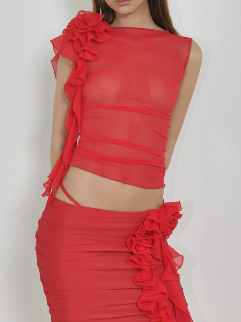 Ženske jednobojne majice bez rukava, seksi mrežaste, prozirne 3D cvjetne volane, prsluci bez rukava s okruglim izrezom, ljetne uske kratke majice Y2k