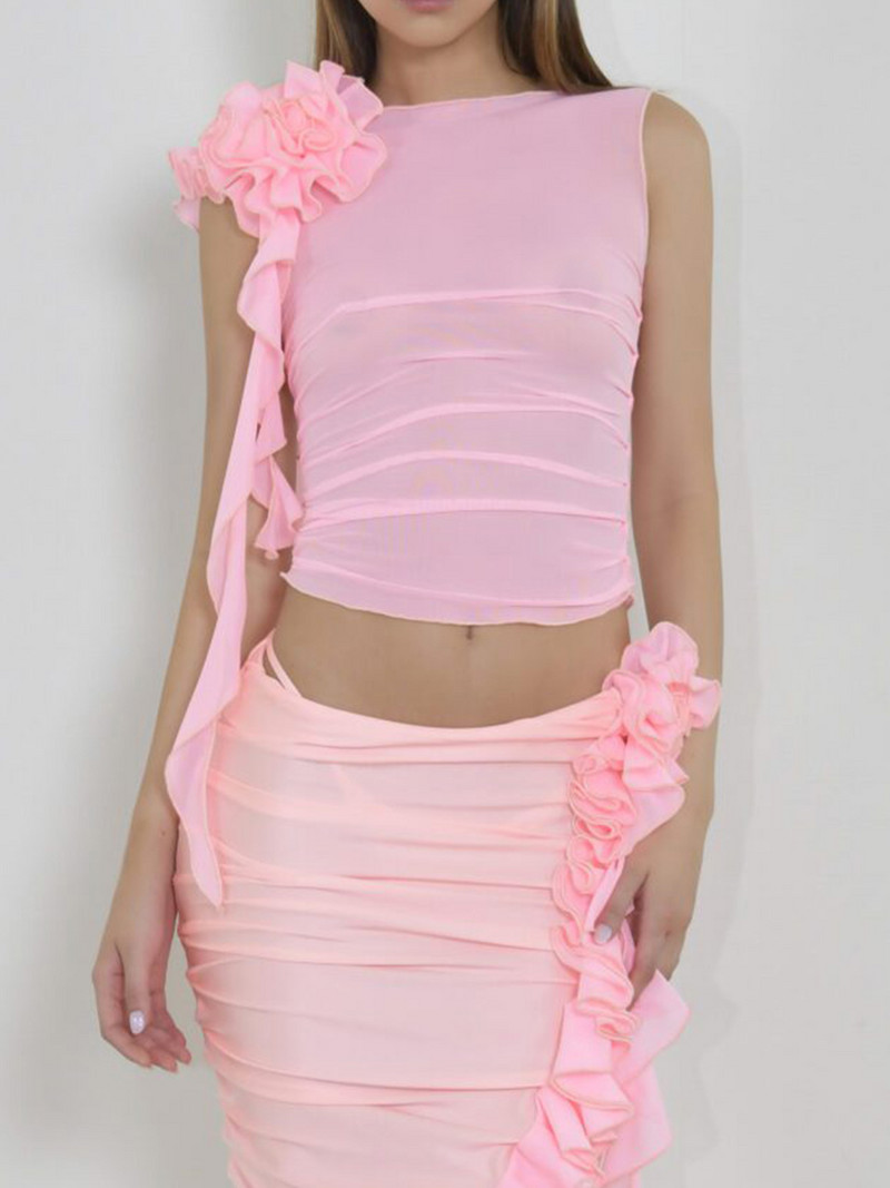 Ženske jednobojne majice bez rukava, seksi mrežaste, prozirne 3D cvjetne volane, prsluci bez rukava s okruglim izrezom, ljetne uske kratke majice Y2k