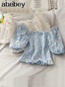 Cvjetni gornji dio s puf rukavima, mrežasti gornji dio s četvrtastim izrezom, kratke majice s volanima, ženska korejska kawaii odjeća 2022., ljetne bluze, vintage plave