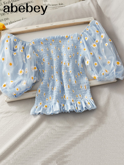 Cvjetni gornji dio s puf rukavima, mrežasti gornji dio s četvrtastim izrezom, kratke majice s volanima, ženska korejska kawaii odjeća 2022., ljetne bluze, vintage plave