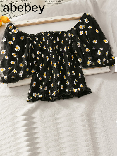 Cvjetni gornji dio s puf rukavima, mrežasti gornji dio s četvrtastim izrezom, kratke majice s volanima, ženska korejska kawaii odjeća 2022., ljetne bluze, vintage plave