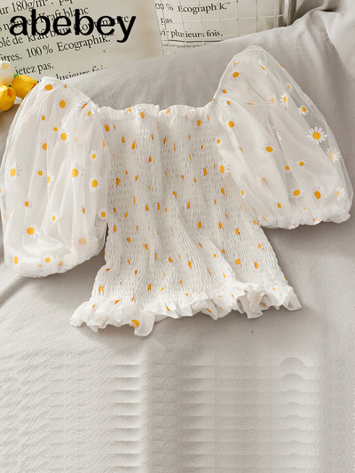 Cvjetni gornji dio s puf rukavima, mrežasti gornji dio s četvrtastim izrezom, kratke majice s volanima, ženska korejska kawaii odjeća 2022., ljetne bluze, vintage plave