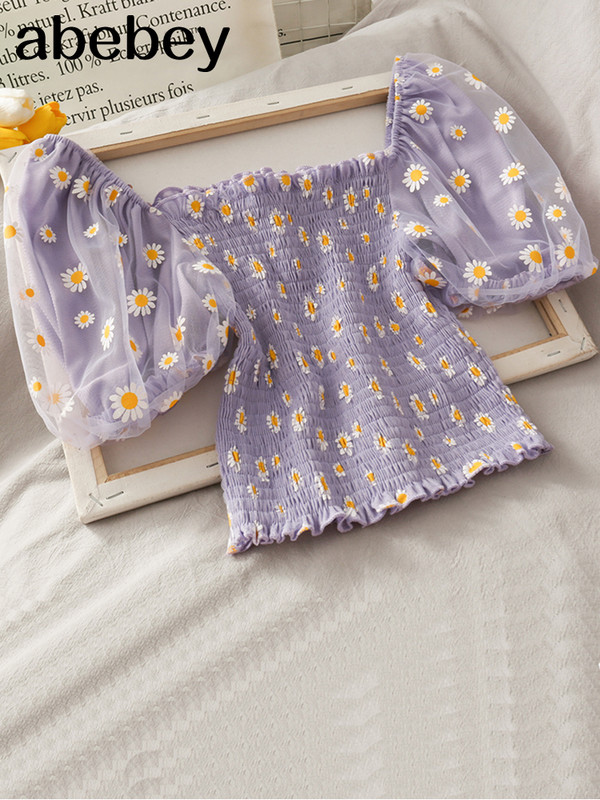 Cvjetni gornji dio s puf rukavima, mrežasti gornji dio s četvrtastim izrezom, kratke majice s volanima, ženska korejska kawaii odjeća 2022., ljetne bluze, vintage plave