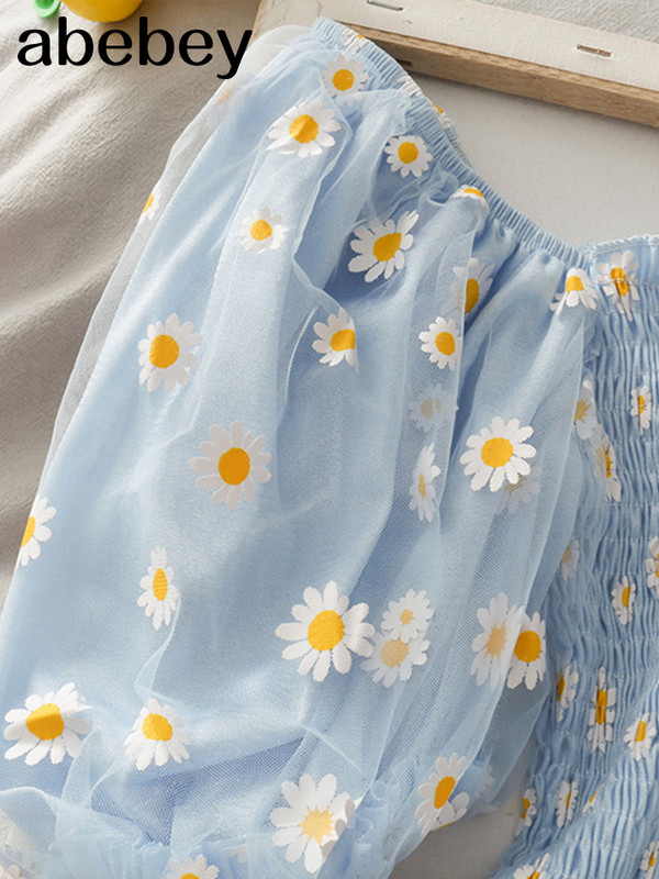 Cvjetni gornji dio s puf rukavima, mrežasti gornji dio s četvrtastim izrezom, kratke majice s volanima, ženska korejska kawaii odjeća 2022., ljetne bluze, vintage plave