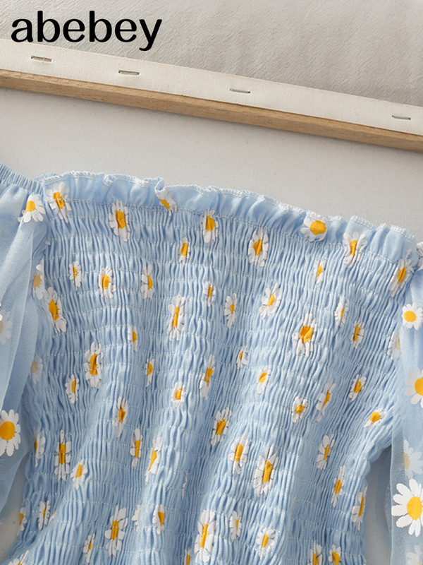 Cvjetni gornji dio s puf rukavima, mrežasti gornji dio s četvrtastim izrezom, kratke majice s volanima, ženska korejska kawaii odjeća 2022., ljetne bluze, vintage plave