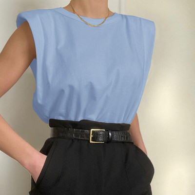 2021 m. Nauji moteriški marškinėliai su paminkštintais pečiais be rankovių, vienspalviai apvaliu kaklu Moteriški megztiniai, madingi moteriški elegantiški drabužiai