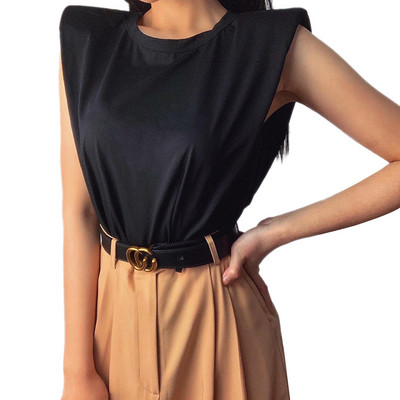 2021 m. Nauji moteriški marškinėliai su paminkštintais pečiais be rankovių, vienspalviai apvaliu kaklu Moteriški megztiniai, madingi moteriški elegantiški drabužiai