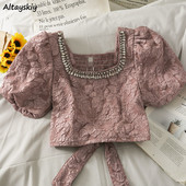 Blúzok Női Édes Gyengéd Minden egyezésű koreai stílusú Nyári Divatos Gyémántok Új dizájn Karcsú Kawaii Szabadidő Egyszerű Szexi Fiatalok Mujer