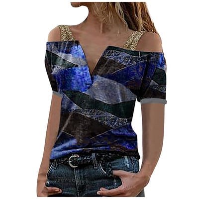 Ženska modna ležerna majica s V-izrezom i kratkim rukavima s printom, seksi majica s otvorenim ramenima Ljetna elegantna ženska špageti boemska majica za plažu