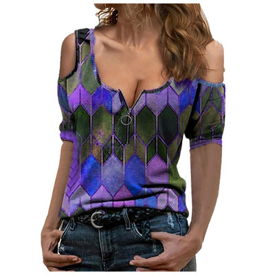 Ženska modna ležerna majica s V-izrezom i kratkim rukavima s printom, seksi majica s otvorenim ramenima Ljetna elegantna ženska špageti boemska majica za plažu