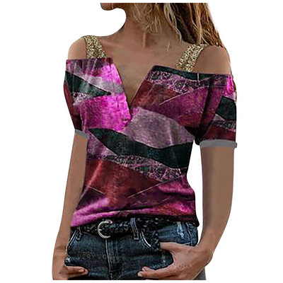 Ženska modna ležerna majica s V-izrezom i kratkim rukavima s printom, seksi majica s otvorenim ramenima Ljetna elegantna ženska špageti boemska majica za plažu