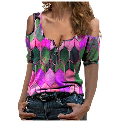 Ženska modna ležerna majica s V-izrezom i kratkim rukavima s printom, seksi majica s otvorenim ramenima Ljetna elegantna ženska špageti boemska majica za plažu