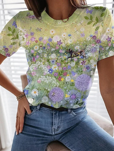 Jauns sieviešu vasaras T-krekls Harajuku Vintage Casual High Street T-krekls Sieviešu modes īsām piedurknēm ziedu T-krekls Sieviešu apģērbs