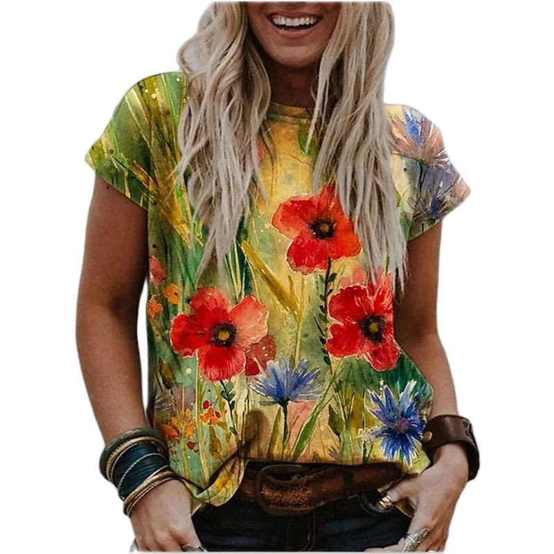 Jauns sieviešu vasaras T-krekls Harajuku Vintage Casual High Street T-krekls Sieviešu modes īsām piedurknēm ziedu T-krekls Sieviešu apģērbs