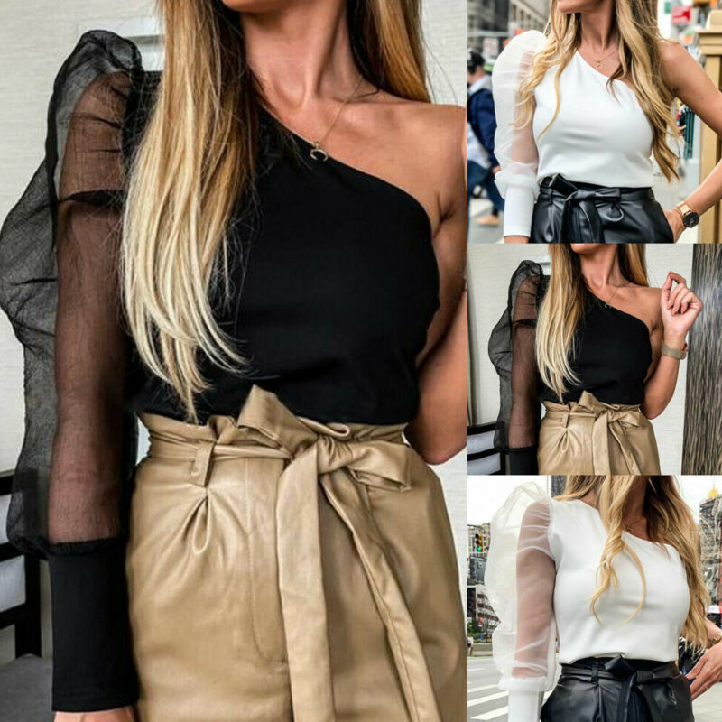 Ženska mrežasta bluza Prozirna majica s puf rukavima Ženska majica na jedno rame Seksi majice Ženska odjeća Slim Fit Ženska blusa feminina