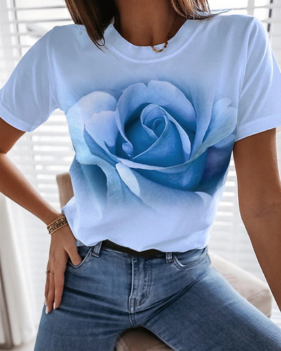 Boutique majica s grafikom cvijeta ruže Modni trend Ženske majice kratkih rukava Ležerne široke majice s O-izrezom Ulična odjeća Besplatna dostava