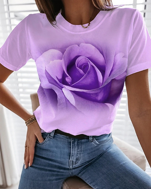 Boutique Rose Flower Graphic marškinėliai Fashion Trend Moteriški marškiniai trumpomis rankovėmis Kasdieniai laisvi marškinėliai su iškirpte Gatvės drabužiai Nemokamas pristatymas
