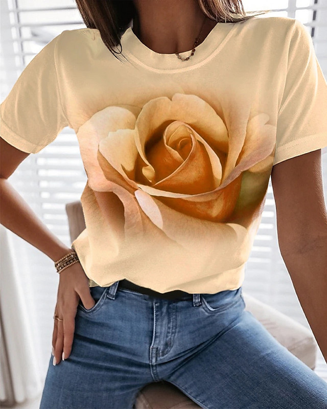 Boutique Rose Flower Graphic marškinėliai Fashion Trend Moteriški marškiniai trumpomis rankovėmis Kasdieniai laisvi marškinėliai su iškirpte Gatvės drabužiai Nemokamas pristatymas