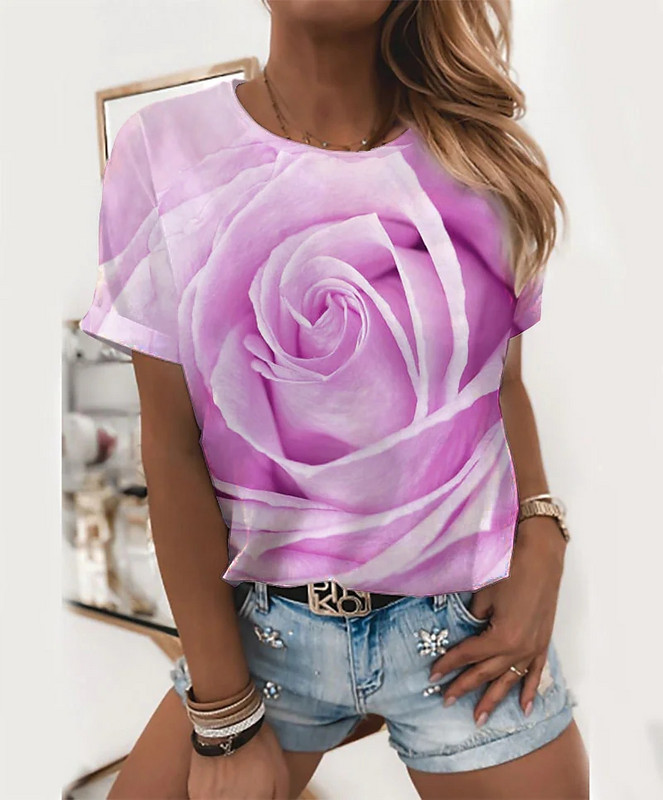 Boutique Rose Flower Graphic marškinėliai Fashion Trend Moteriški marškiniai trumpomis rankovėmis Kasdieniai laisvi marškinėliai su iškirpte Gatvės drabužiai Nemokamas pristatymas