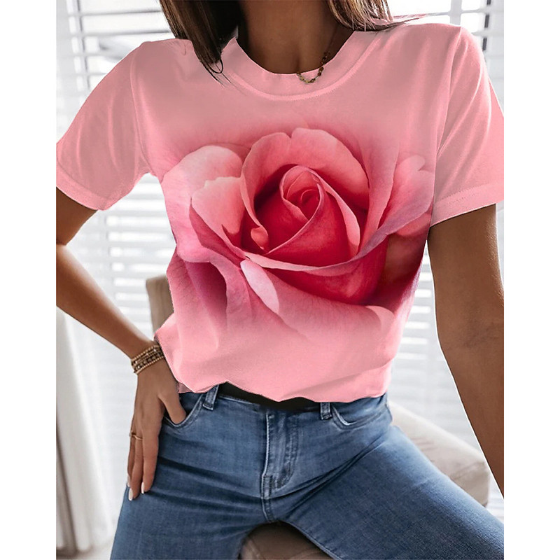 Boutique Rose Flower Graphic marškinėliai Fashion Trend Moteriški marškiniai trumpomis rankovėmis Kasdieniai laisvi marškinėliai su iškirpte Gatvės drabužiai Nemokamas pristatymas