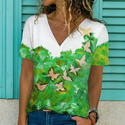 Ljetna, ležerna ženska majica s apstraktnim cvjetnim slikama, grafičkim printom s V izrezom, osnovni top, modni 3d print, prevelika široka odjeća