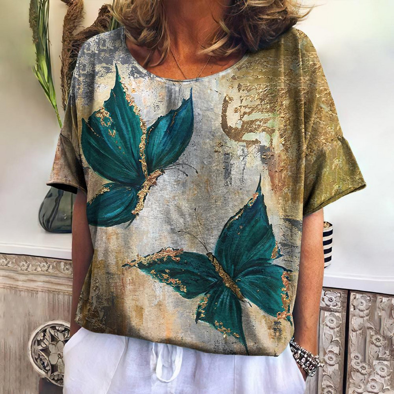 Ljetne vintage ženske majice kratkih rukava s printom leptira Ženske majice prekomjerne veličine Modna ležerna ženska bluza 2023.