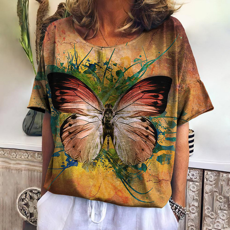 Ljetne vintage ženske majice kratkih rukava s printom leptira Ženske majice prekomjerne veličine Modna ležerna ženska bluza 2023.