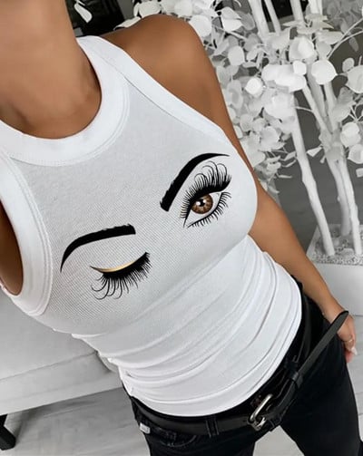 Topovi Ženska trendi modna ljetna grunge odjeća za 2022. Ispis bijelih trepavica Ležerna dnevna ženska majica bez rukava Ženska odjeća