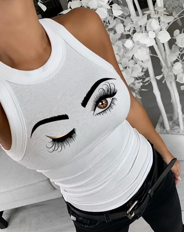 Topovi Ženska trendi modna ljetna grunge odjeća za 2022. Ispis bijelih trepavica Ležerna dnevna ženska majica bez rukava Ženska odjeća