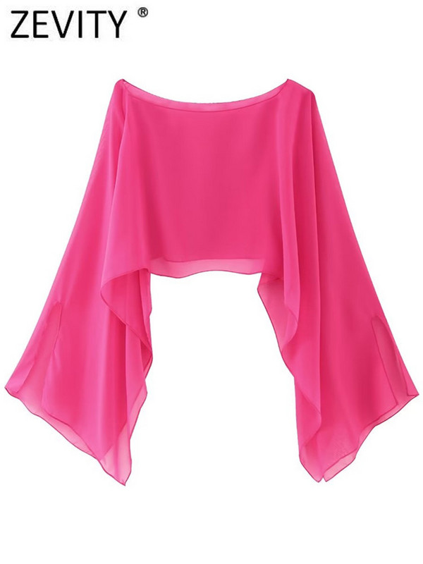 Zevity Ženska modna jednobojna prozirna krema za sunčanje, kratka bluza od šifona, ženska košulja s plaštom Blusas Chic kratke majice LS3925