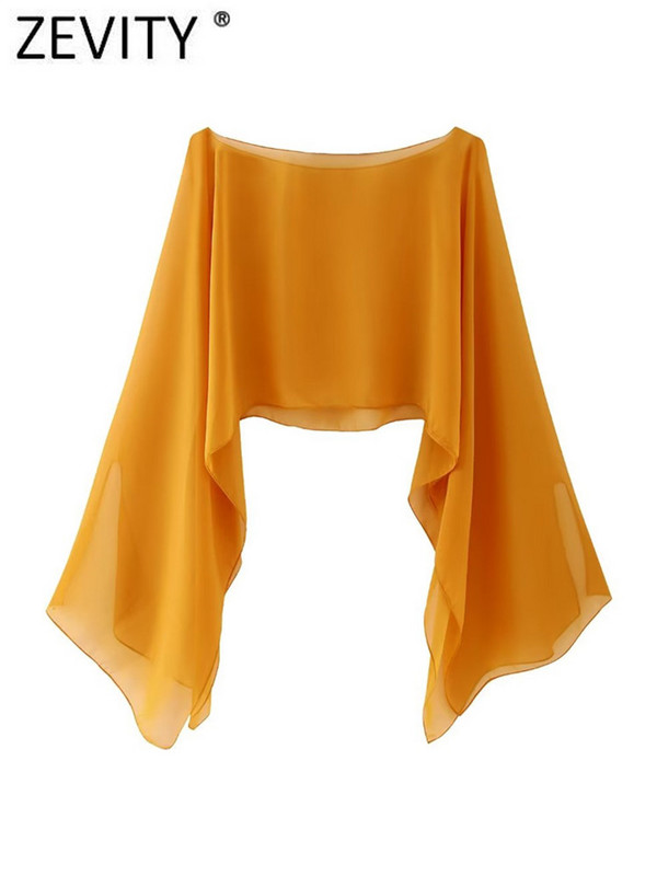 Zevity Ženska modna jednobojna prozirna krema za sunčanje, kratka bluza od šifona, ženska košulja s plaštom Blusas Chic kratke majice LS3925