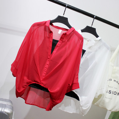 2023 Σετ δύο τεμαχίων Λεοπάρ σιφόν πουκάμισα καλοκαιρινά, με μισό μανίκι, χαλαρή γυναικεία μπλούζα με λαιμόκοψη σε σέξυ καθημερινή ριγέ μπλούζα 19483