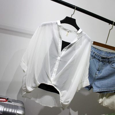 2023 Σετ δύο τεμαχίων Λεοπάρ σιφόν πουκάμισα καλοκαιρινά, με μισό μανίκι, χαλαρή γυναικεία μπλούζα με λαιμόκοψη σε σέξυ καθημερινή ριγέ μπλούζα 19483