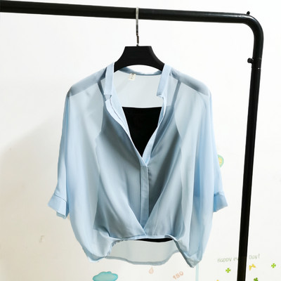 2023 Σετ δύο τεμαχίων Λεοπάρ σιφόν πουκάμισα καλοκαιρινά, με μισό μανίκι, χαλαρή γυναικεία μπλούζα με λαιμόκοψη σε σέξυ καθημερινή ριγέ μπλούζα 19483