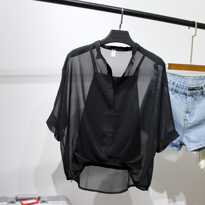 2023 Σετ δύο τεμαχίων Λεοπάρ σιφόν πουκάμισα καλοκαιρινά, με μισό μανίκι, χαλαρή γυναικεία μπλούζα με λαιμόκοψη σε σέξυ καθημερινή ριγέ μπλούζα 19483