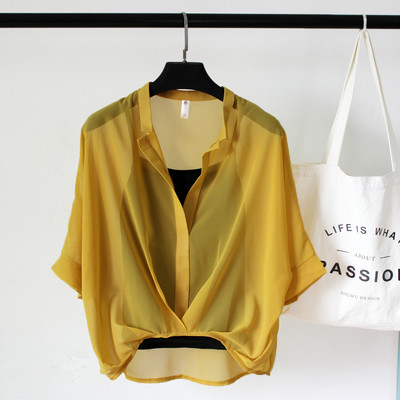 2023 Σετ δύο τεμαχίων Λεοπάρ σιφόν πουκάμισα καλοκαιρινά, με μισό μανίκι, χαλαρή γυναικεία μπλούζα με λαιμόκοψη σε σέξυ καθημερινή ριγέ μπλούζα 19483