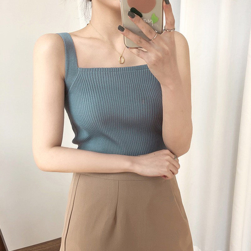 Ženska seksi jednobojna vesta bez rukava s četvrtastim ovratnikom, slatka ljetna ženska pletena majica bez rukava