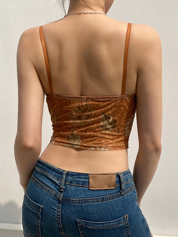 HEYounGIRL Vintage Mrežasti čipkasti korzet bez rukava Crop Top Ženska ljetna prozirna smeđa majica s remenima, prsluk s cvjetnim printom
