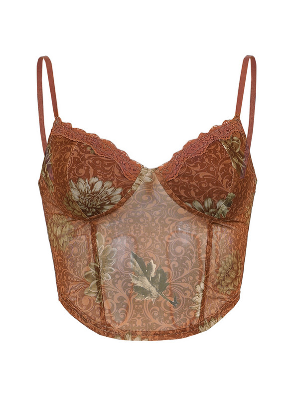 HEYounGIRL Vintage Mrežasti čipkasti korzet bez rukava Crop Top Ženska ljetna prozirna smeđa majica s remenima, prsluk s cvjetnim printom