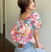 2021 Μόδα γυναικεία δεμένα μπλουζάκια με παπιγιόν χωρίς πλάτη γυναικεία μπλούζα Σέξι λουλουδάτο στάμπα κοντό φουσκωτό μανίκι τετράγωνο γιακά μπλούζες με βολάν