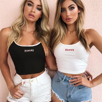 Sexy Women Crop Top 2021 Summer Honey Letter Κέντημα με λουράκι Tank Tops Cropped Feminino Γυναικείο ελαστικό πουκάμισο με καμιζόλα