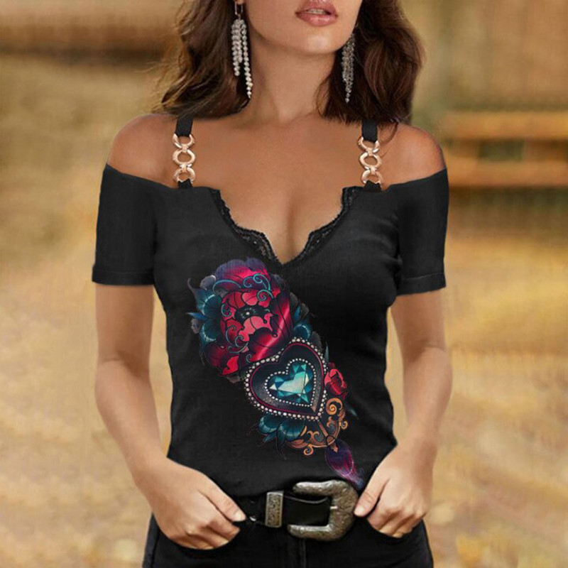 Elegáns válltatlan blúz női nyári V-nyakú nyomtatással rövid ujjú csipke póló blúz Cami ing felsők Camisas De Mujer